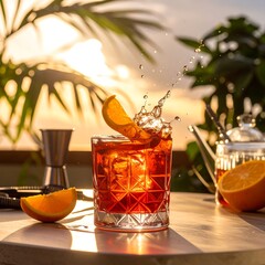 Sunset cocktail, ice splash, vibrant
