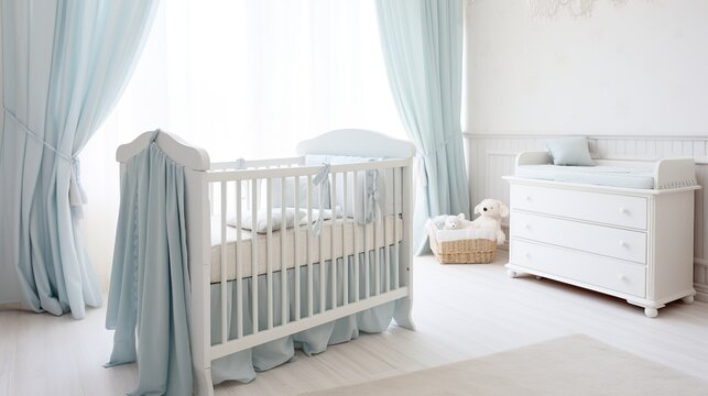 Serene White Nursery with Light Blue Drapes and Crib 