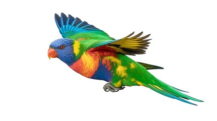 Fototapeta premium Vibrant rainbow lorikeet parrot in full flight with wings spread isolated on white background
