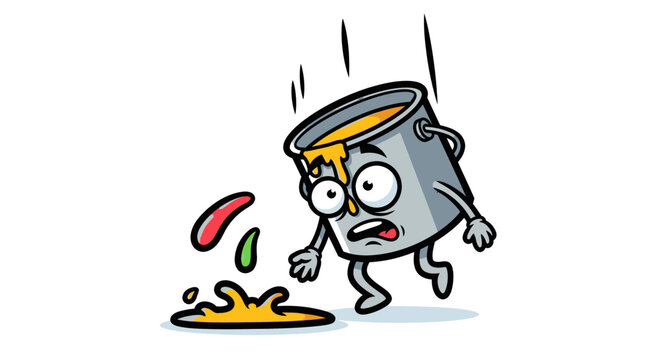 Paint Can Cartoon Experiencing a Paint Spill with Expressions and Dramatic Reactions