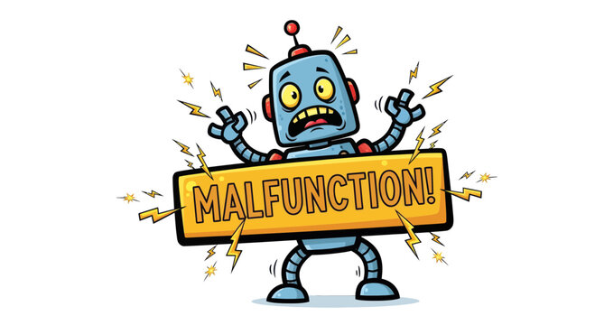 Malfunctioning Robot Illustrated With Energy Sparks And A Funny Comical Appearance