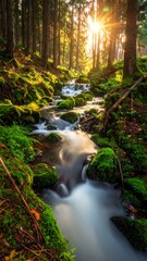 Sunbeams stream through a mossy forest stream