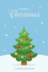 Xmas tree decorated with ornaments and lights with festive greetings Merry Christmas and Happy New Year