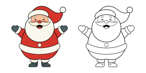 Santa Claus drawing showing colorful and outline versions, coloring page for kids