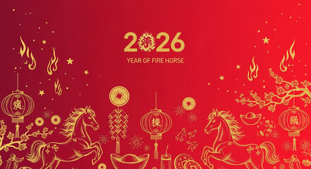 Red background with golden horse, lantern and fireworks design, representing Chinese new year 2026 and the year of fire horse, celebration theme