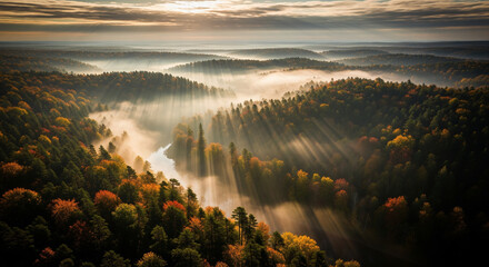 An aerial view of a winding river valley surrounded by a dense forest showing autumn colors. Sun rays pierce through the heavy morning mist, creating a dramatic, ethereal atmosphere