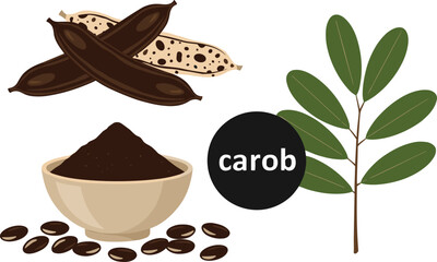 Carob clipart set featuring pods, powder, seeds, and leaves for educational materials, food packaging, botanical designs, and digital crafting projects