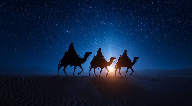The first star. Christmas star over Bethlehem. The three magi go in search of Christ in the desert under the star.