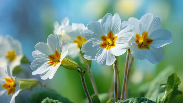 Spring forest white flowers primroses on a beautiful blue background macro Blurred gentle sky