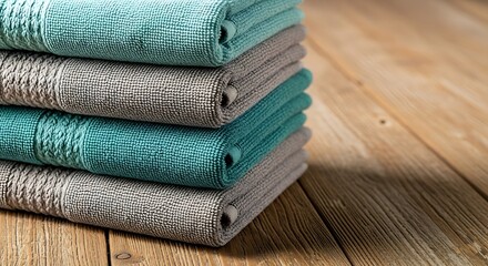 Stack of Folded Towels on Wooden Surface - Cleanliness and Comfort.