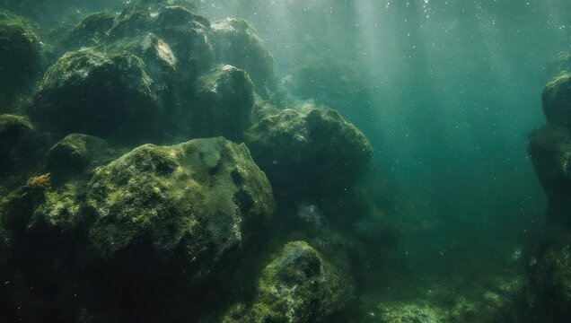 Sunlight Piercing Through Underwater Rocks - A Serene Aquatic Scene.