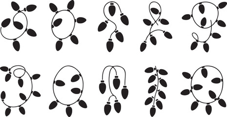 Ten Black Silhouette Christmas Light Strings in Various Shapes on White Background lights string lights