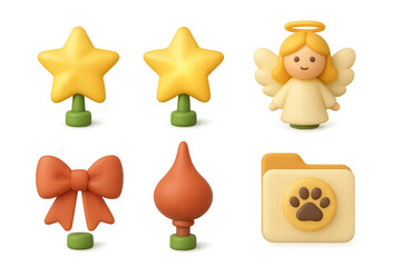 Obraz premium Cute cartoon tree toppers and ornaments for holiday decoration and craft projects