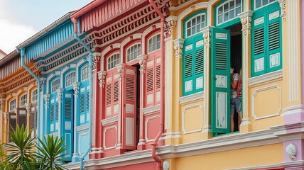 Fototapeta premium Vibrant Traditional Shophouses with Colorful Windows and Shutters Photo