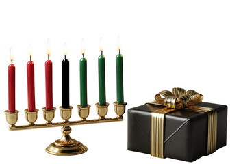 elegant kawanzaa celebration concept: kinara candles, 7 hands golden candlestick and opulent black and golden gift isolated over white (transparent) background