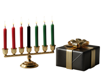 elegant kawanzaa celebration concept: kinara candles, 7 hands golden candlestick and opulent black and golden gift isolated over white (transparent) background