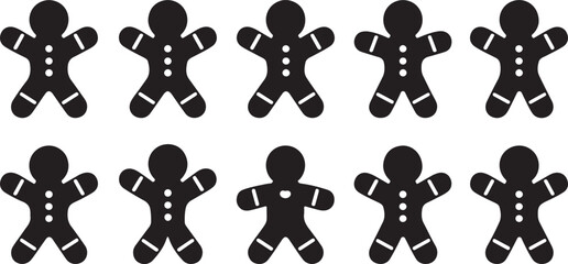 Ten Black Silhouette Gingerbread Man Cookies with White Icing Details on White Background Keywords: gingerbread man, cookie, christmas, holiday, festive, baking, sweet, icon, silhouette, black and