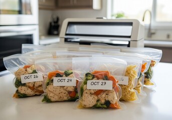 Prepare for easy meal planning by vacuum sealing food for freshness, as seen with these labeled bags, streamlining freezer meals for busy days