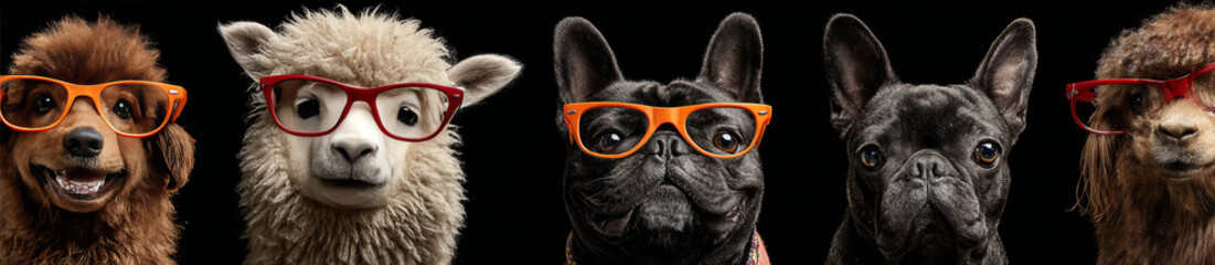 Naklejka premium Group of fluffy dog, sheep, alpaca, and from european country bulldog wearing stylish vibrant orange and red framed eyeglasses against dark background