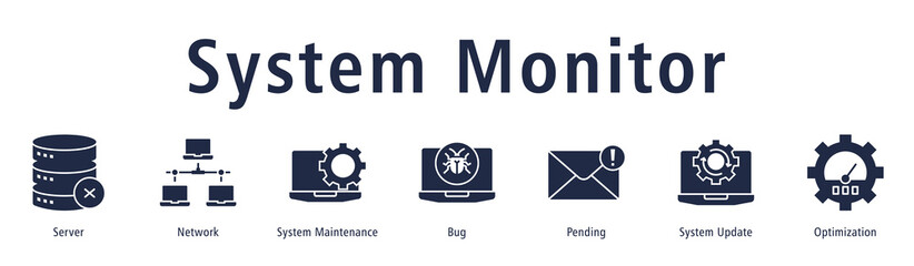 System Monitor banner with icons of Server, Network, System Maintenance, Bug, Pending, System Update and Optimization.