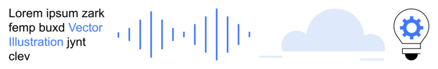 Technology innovation, cloud computing, audio engineering, data analytics, software development, creative solutions. Minimal elements include audio waves, cloud and gear in a bulb. Cloud computing