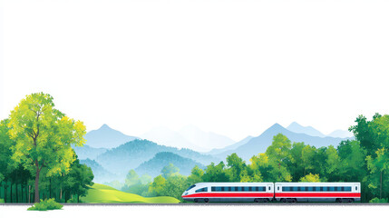 High speed train travels through lush green landscape with mountains in background, showcasing nature beauty and modern transportation