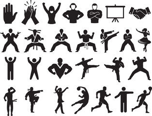 Large collection of people in sport and action vector silhouettes featuring martial arts, karate, taekwondo, judo, running, basketball, cheering, clapping hands, and high-five poses for fitness 