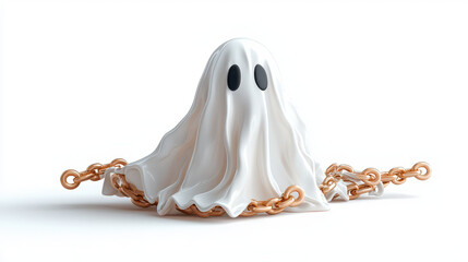 Cute cartoon ghost with flowing white sheet and black eyes, surrounded by shiny gold chains, evokes playful yet mysterious vibe