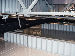 Modern industrial architecture with metal beams and corrugated panels