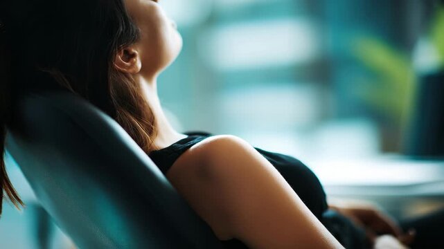 Closeup medium shot of a worker leaning back with visible lumbar support on an ergonomic chair emphasizing back care and posture improvement.