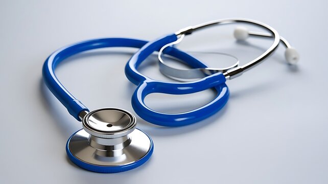 Modern blue stethoscope resting on a clean, bright white surface, symbolizing health check.