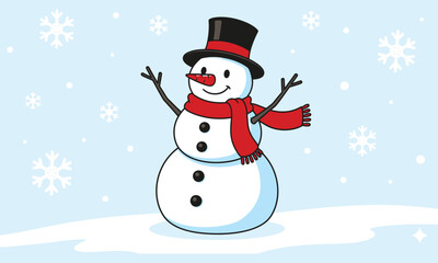 Cartoon Snowman in Snowy Scene – Three-Tier Snowman with Top Hat, Scarf, and Snowflake Background for Winter or Holiday Design Assets