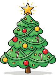 Cartoon Christmas Tree Illustration – Green Tree with Star, Baubles, Candy Canes, and Garland for Holiday or Seasonal Design Assets