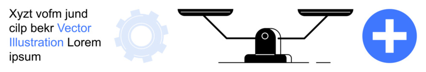 Equality, healthcare, industry, balance, innovation, decision-making. Balanced scale with a gear and blue cross symbol. Equality and healthcare concepts illustrated with clear visuals