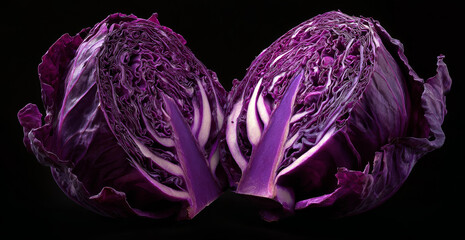 Hyper realistic close-animated movie of a fresh purple cabbage cut in half showing intricate texture and deep vibrant violet layers