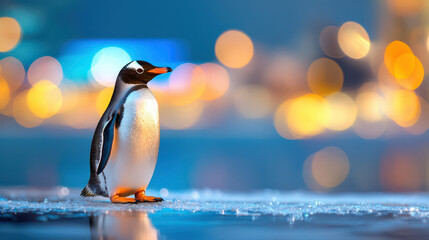 Penguin stands on ice with blurred background of colorful lights, creating serene and captivating atmosphere