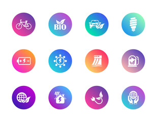 Eco, energy, sustainability. Vector set of 12 round gradient icons featuring electric cars, solar panels, biofuel, recycling, and green tech for environmental and renewable energy design.