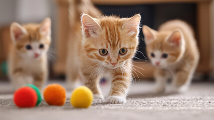 Playful kittens explore colorful balls on soft carpet, showcasing their curiosity and energy in cozy indoor setting