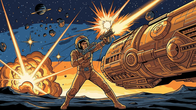 Astronaut in spacesuit firing laser gun at a large spaceship during an intense space battle on a cratered moon surface.