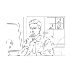 Concentrated Professional in Virtual Meeting, Contemplative Expression.