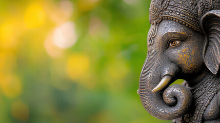 Detailed statue of elephant deity, showcasing intricate designs and textures, set against blurred green background, evokes sense of tranquility