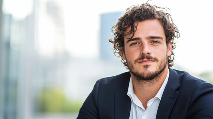 Confident young man with curly hair, wearing dark suit and white shirt, smiling in outdoor urban setting