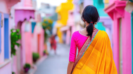 Woman in vibrant pink blouse and yellow saree walks through colorful street lined with pastel houses, evoking sense of joy and culture