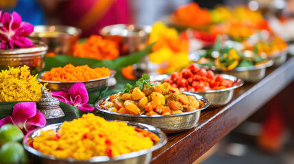 Colorful Indian cuisine displayed in traditional bowls, featuring vibrant dishes and garnishes, evokes festive atmosphere