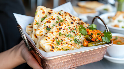 Freshly baked naan bread served in copper basket, garnished with herbs and accompanied by colorful pickles and side dish