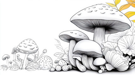 Detailed illustration of various mushrooms, showcasing their unique shapes and textures. artwork features mix of large and small mushrooms