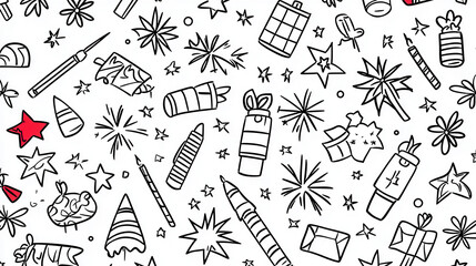 Festive pattern featuring various holiday themed doodles, including gifts, stars, and party items, creating cheerful atmosphere