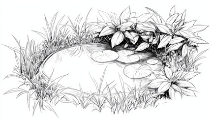 Serene pond surrounded by lush greenery and delicate lily pads, creating peaceful natural scene. intricate details evoke tranquility and harmony