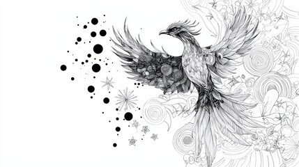 Detailed illustration of phoenix with intricate patterns and floral elements, showcasing blend of black and white artistry. design features