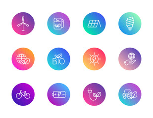 Eco, energy, sustainability. Vector set of 12 round gradient icons featuring wind turbines, solar panels, biofuel, electric cars, and green tech for environmental and renewable energy design.